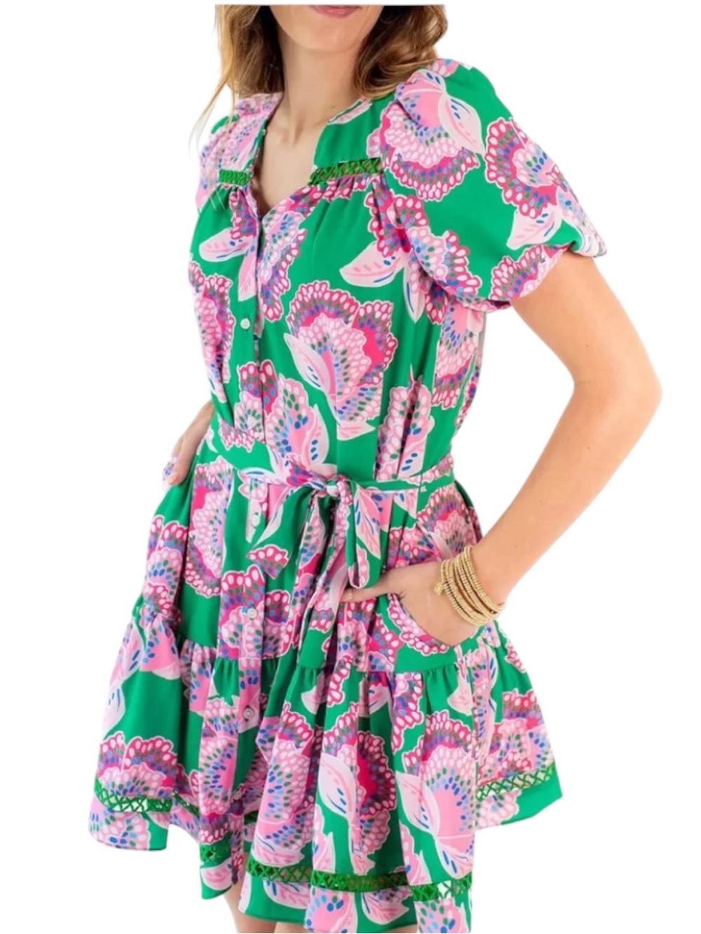 Mary Square Addison Dress Petal Tango Green Pink Floral Button Front Tie Waist S